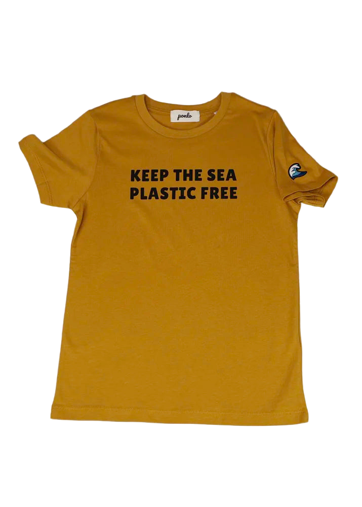 Yellow t-shirt with the text 'KEEP THE SEA PLASTIC FREE' printed on the front and a small logo on the upper left sleeve.