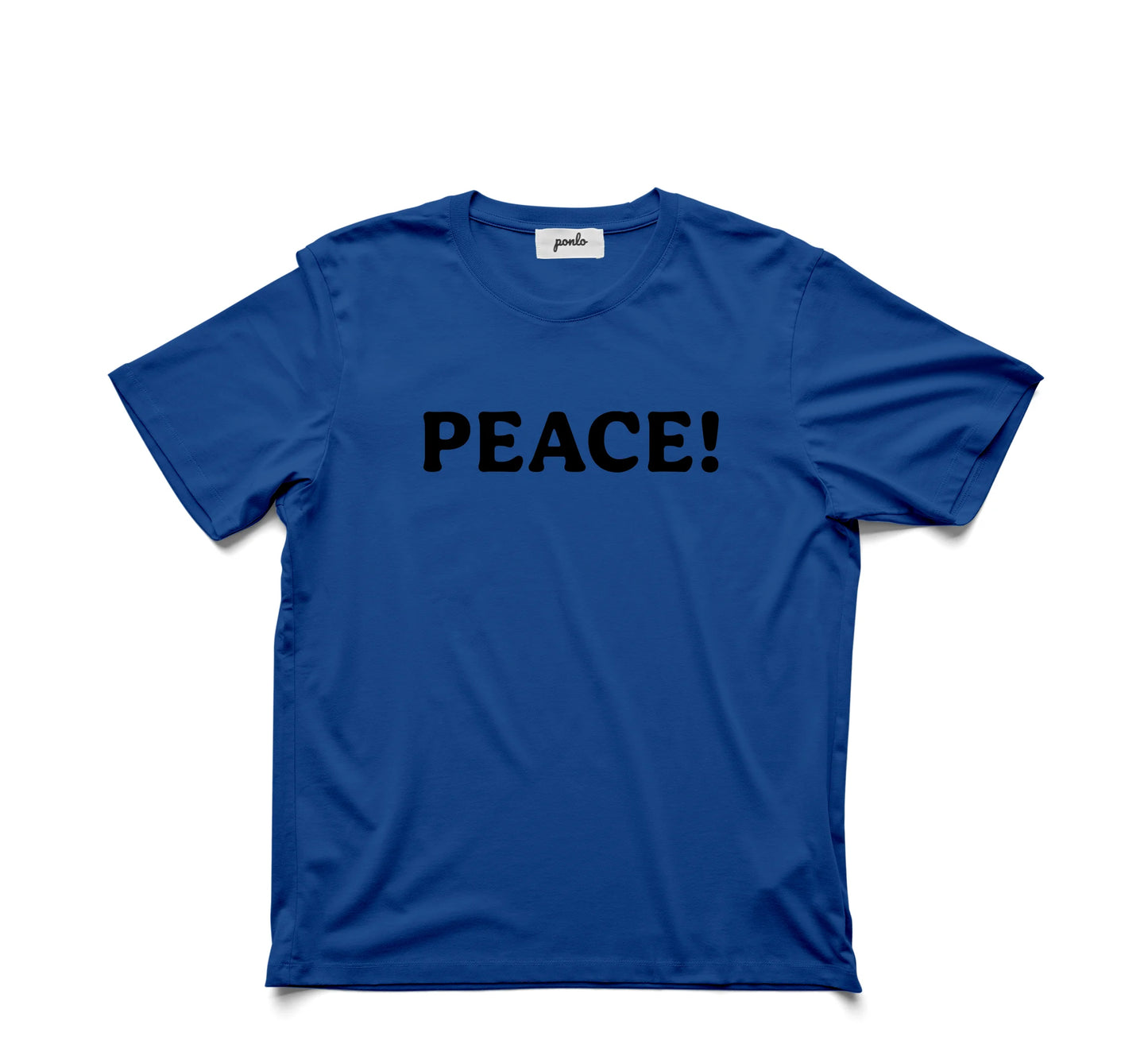 A blue crew neck t-shirt with the word 'PEACE!' printed in bold letters on the front and a Planet Earth patch on the left sleeve.