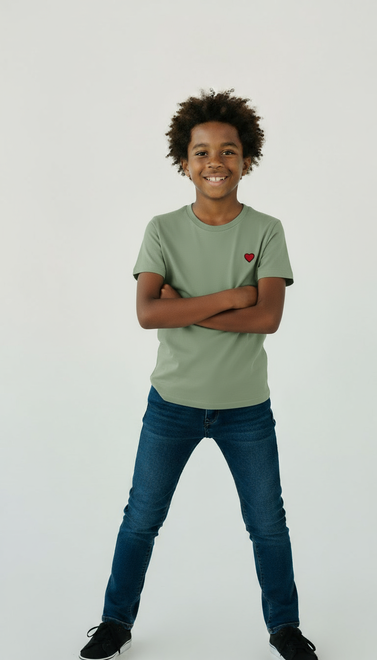 Child wearing a green t-shirt with a red heart and blue jeans on a white background
