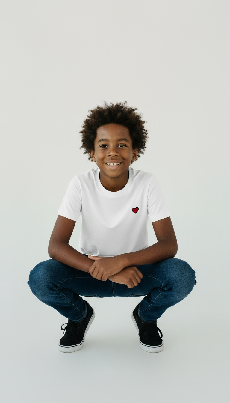 Child wearing a white t-shirt with a red heart and blue jeans on a light gray background