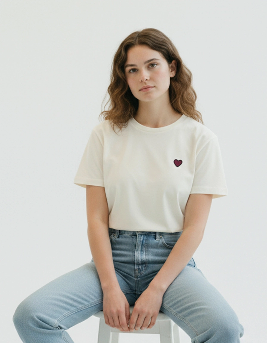 Woman wearing a white ponlo.com t-shirt with a red heart design and blue jeans, sitting on a white stool against a light gray background.