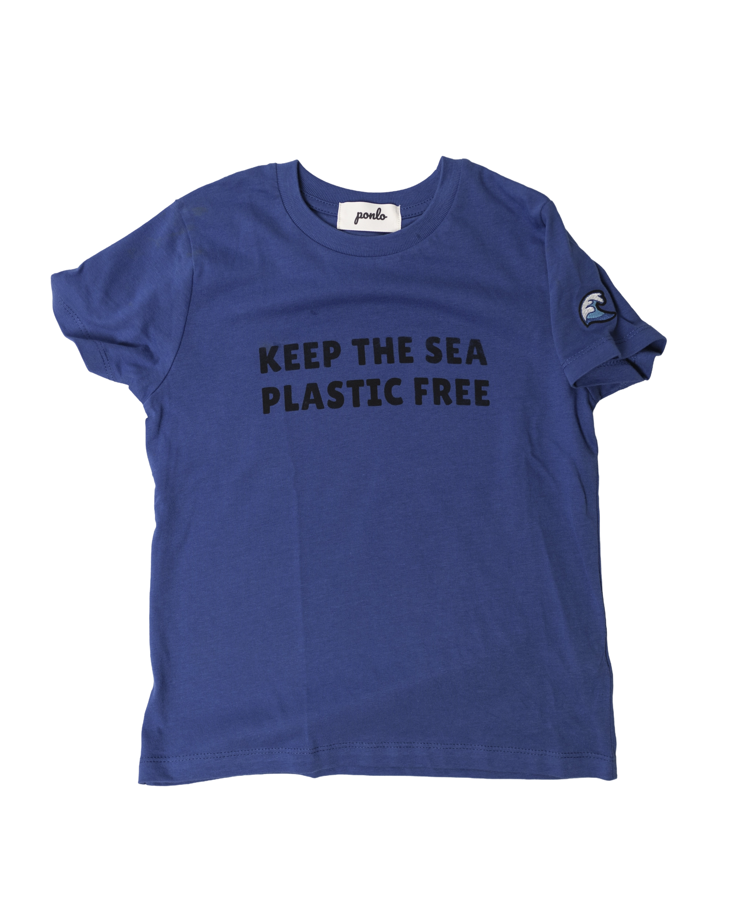 Blue organic  t-shirt made by ponlo.com with 'Keep the Sea Plastic Free' text on a white background and a wave embroidered patch