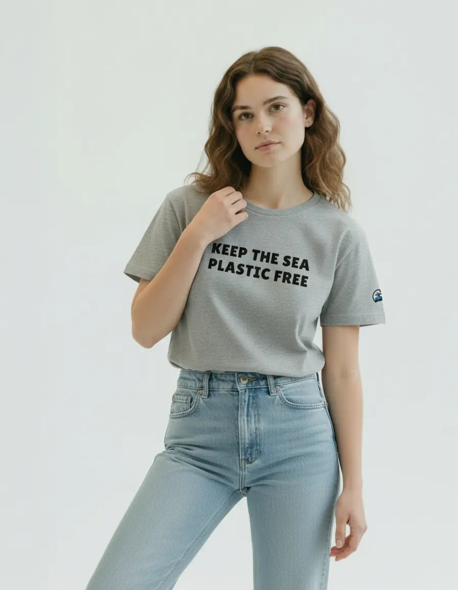 Person wearing a heather gray organic t-shirt mader by Ponlo with 'Keep the Sea Plastic Free' text on a white background. Wave patch on the left sleeve