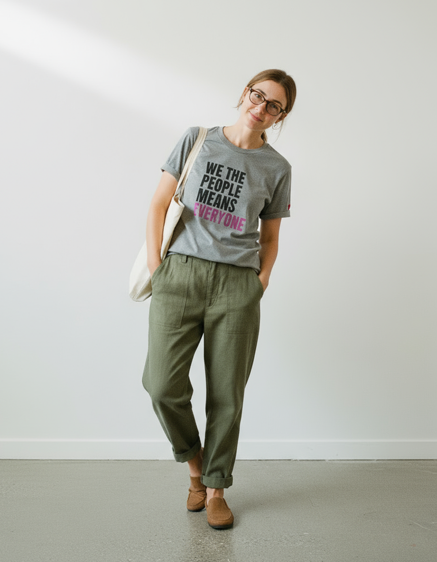 Person wearing an organic ponlo.com white t-shirt with message