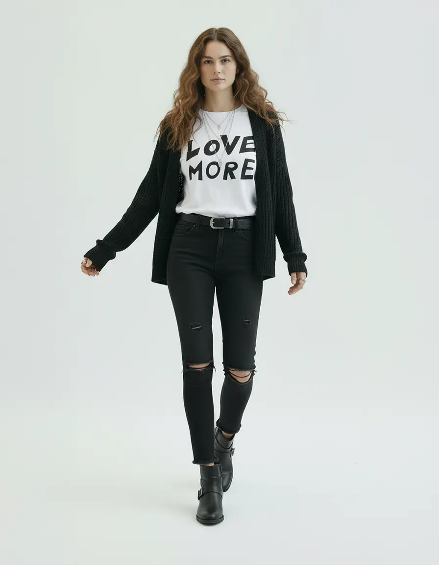 Woman wearing a black cardigan, and white organic cotton t-shirt made by Ponlo with text