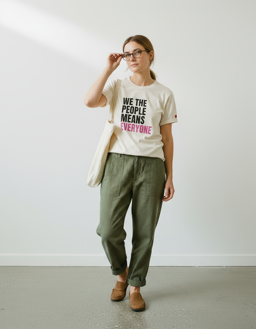 Woman wearing  an organic ponlo.com off white t-shirt with message