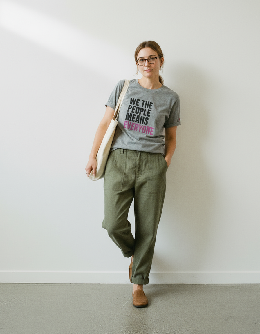 Person wearing a gray organic ponlo.com white t-shirt with message