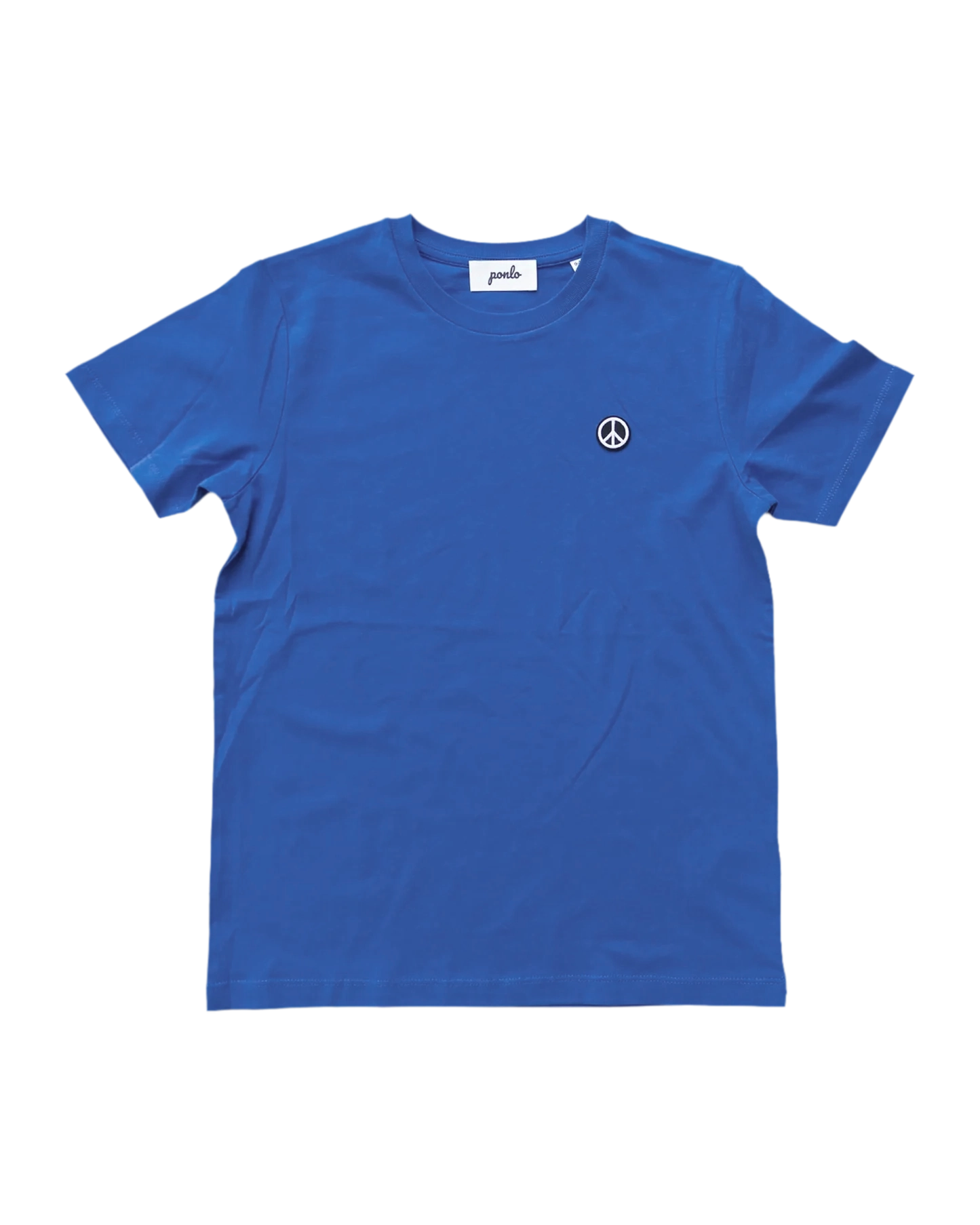 Blue organich ponlo.com  t-shirt with a peace symbol on a white background