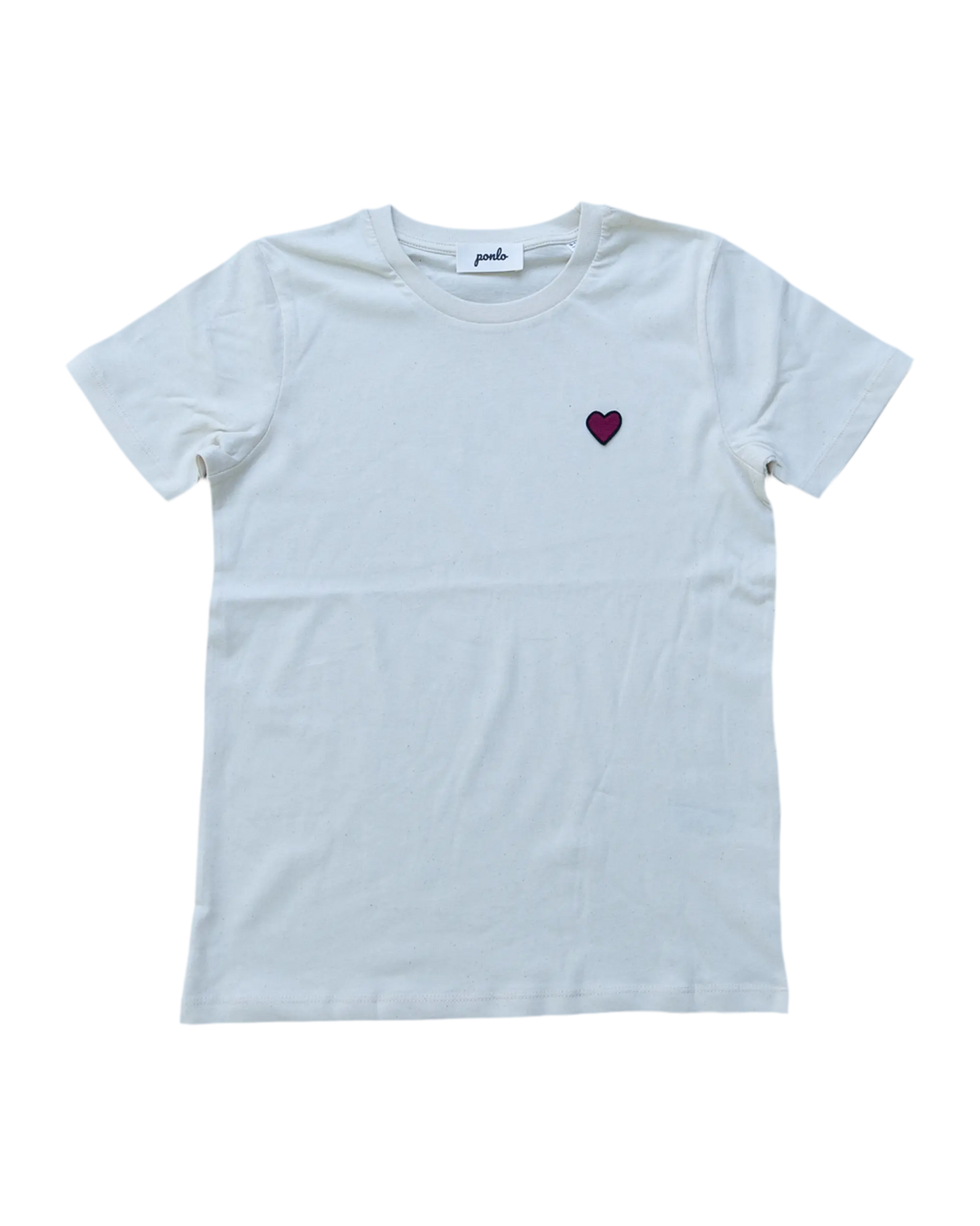 White t-shirt with a purple heart design on a white background