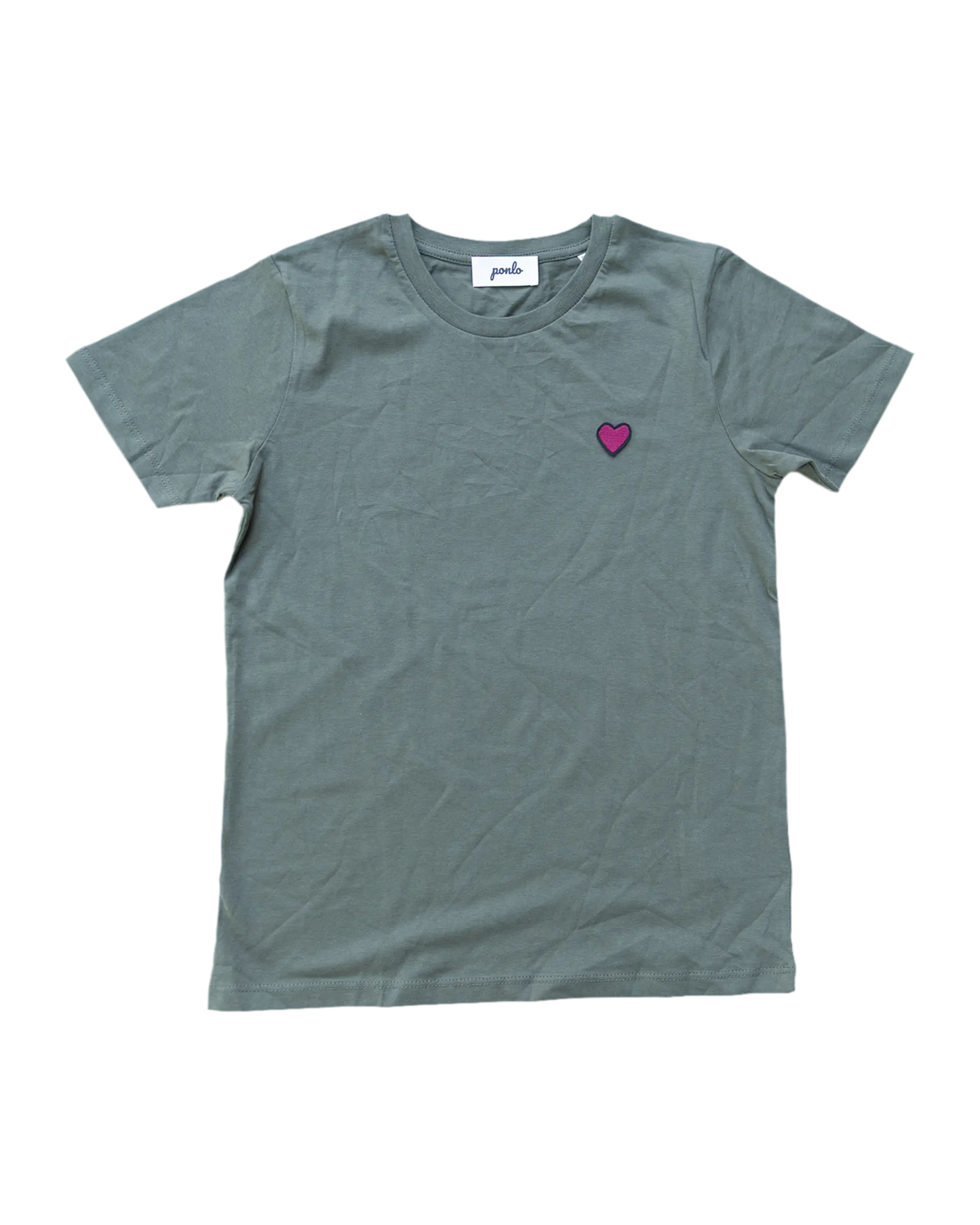 Green t-shirt with a purple heart on a white background
