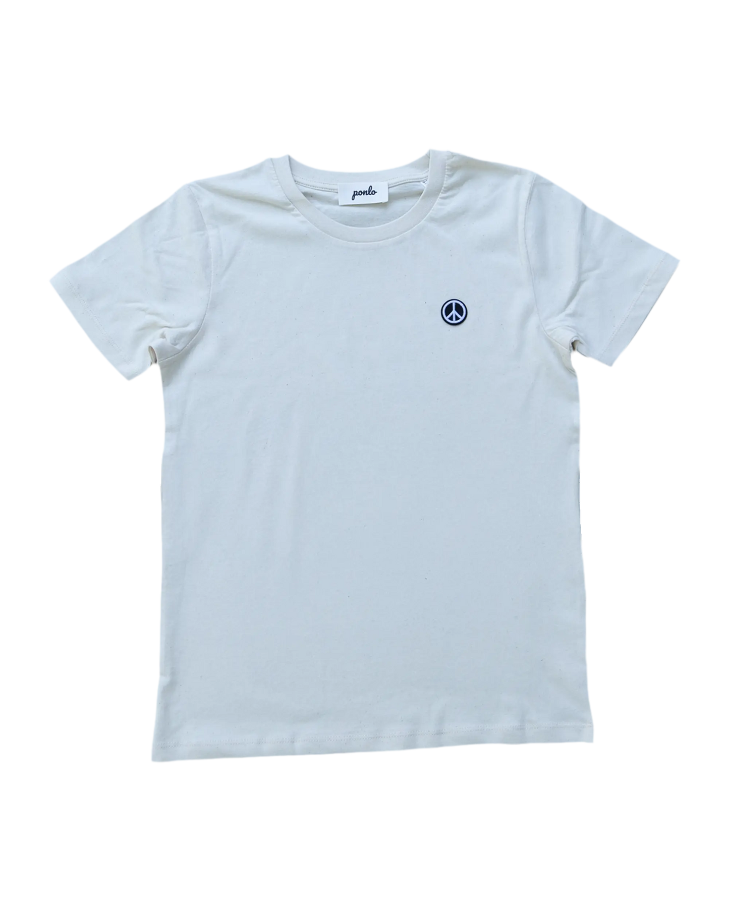 White t-shirt with a peace symbol logo on a white background