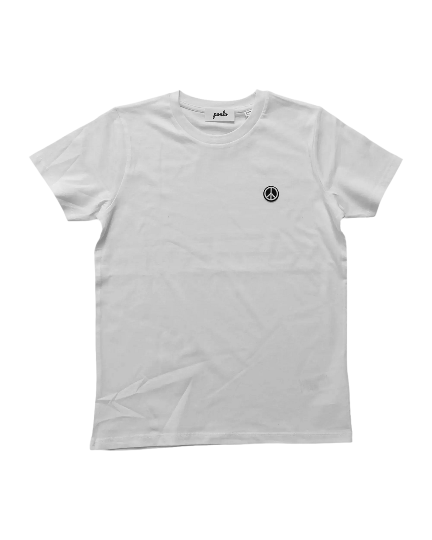 White t-shirt with a peace symbol on a white background