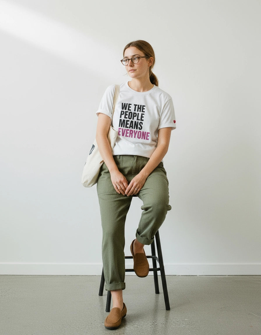 Woman wearing an organic ponlo.com white t-shirt with message