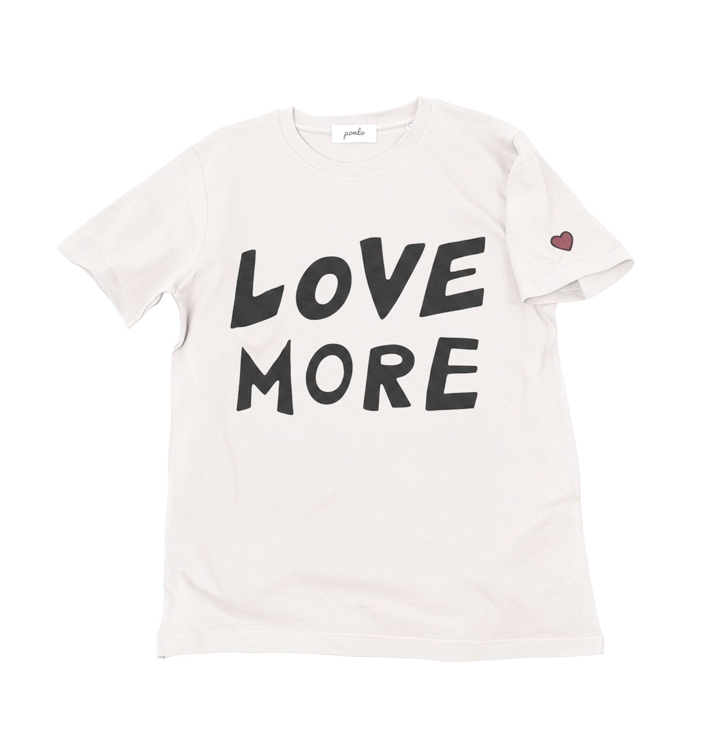 White organic t-shirt with 'LOVE MORE' text on a white background