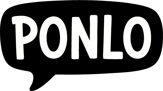 Word 'PONLO' inside a black speech bubble on a white background