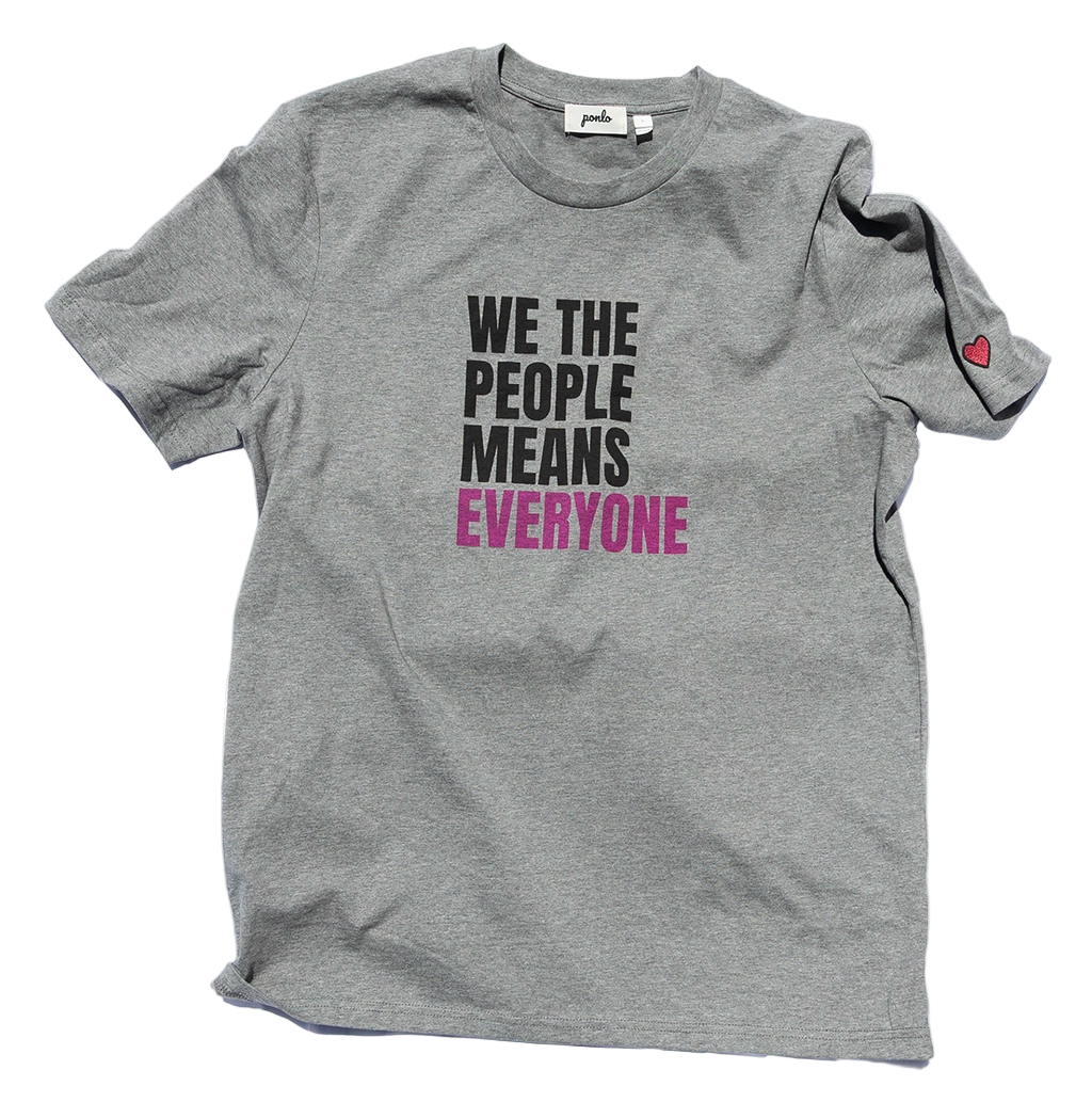 Gray t-shirt with 'WE THE PEOPLE MEANS EVERYONE' text on a white background